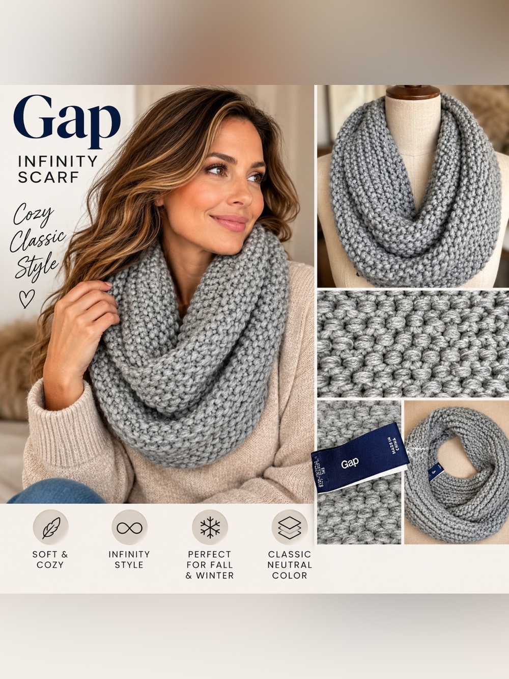 GAP Chunky Knit Infinity Scarf in Light Gray